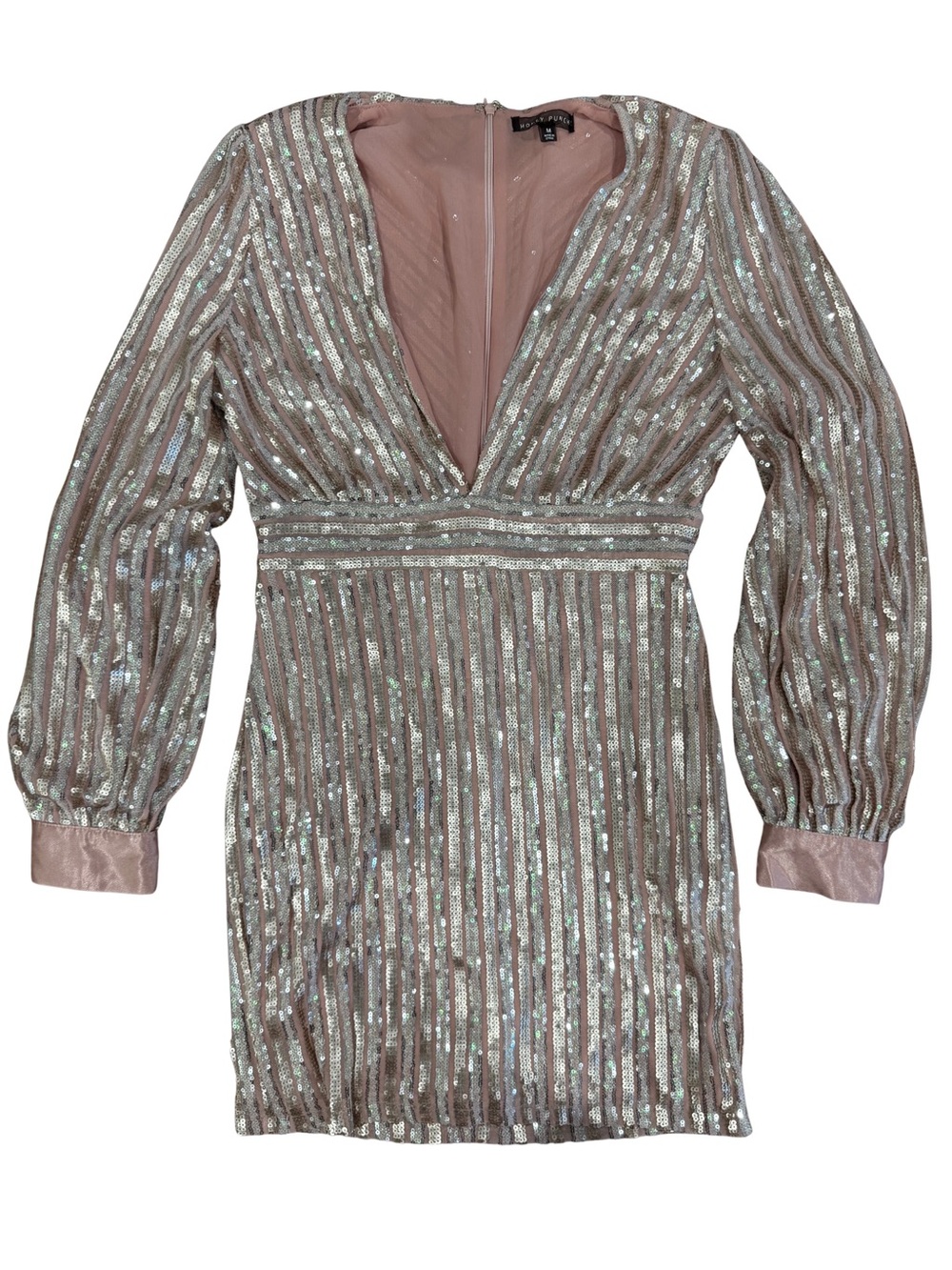 Honey Punch Pink Silver Sequin Stripe Long Sleeve Mini Dress Size M